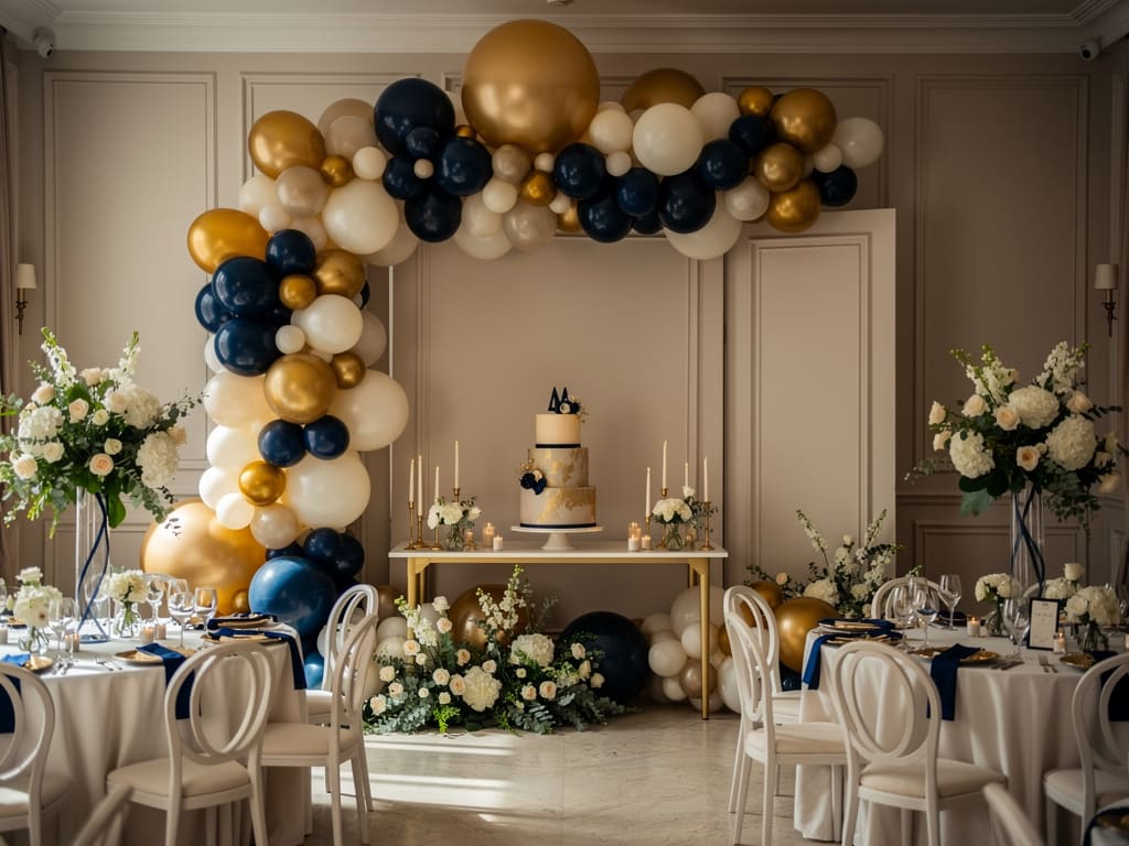Allestimento elegante per evento privato con palloncini, fiori, backdrop e tavolo torta
