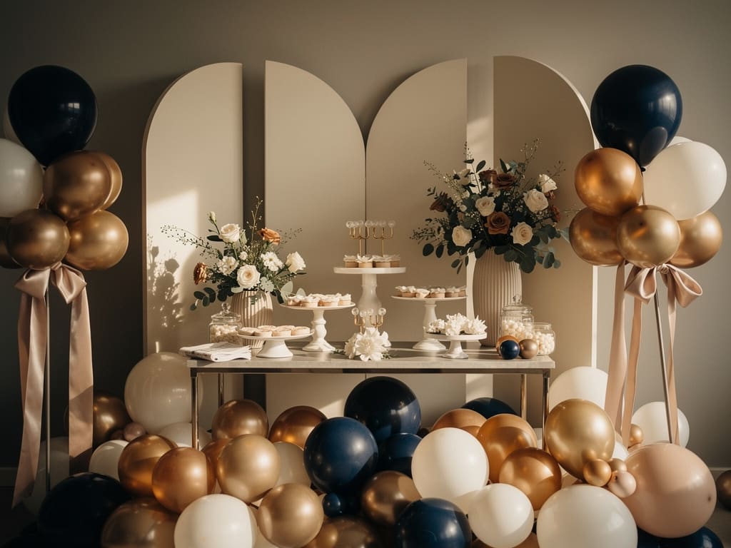 Dettagli di allestimento evento con palloncini, composizioni floreali, pannelli decorativi e tavolo dessert
